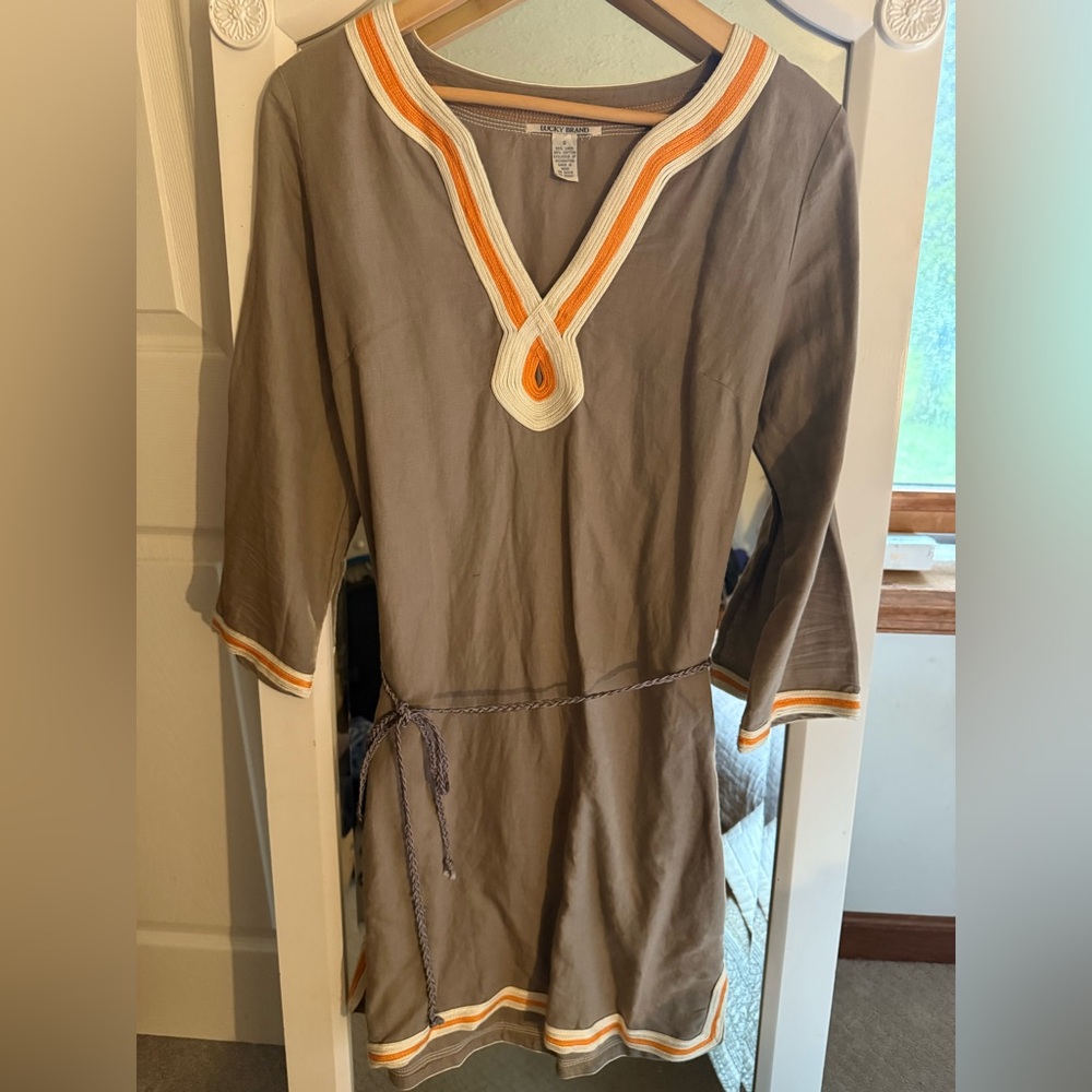 Lucky Brand Women's Embroidered Popover Dress Small Linen Mix Olive Green Orange